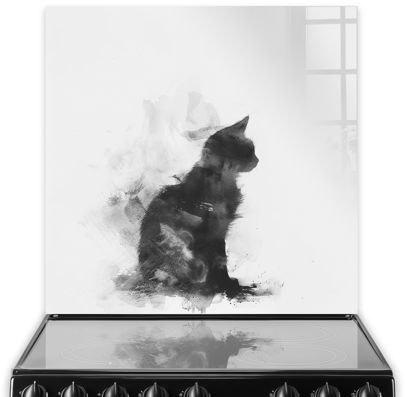 Monochrome Minimalist Watercolour cat art on kitchen splashback