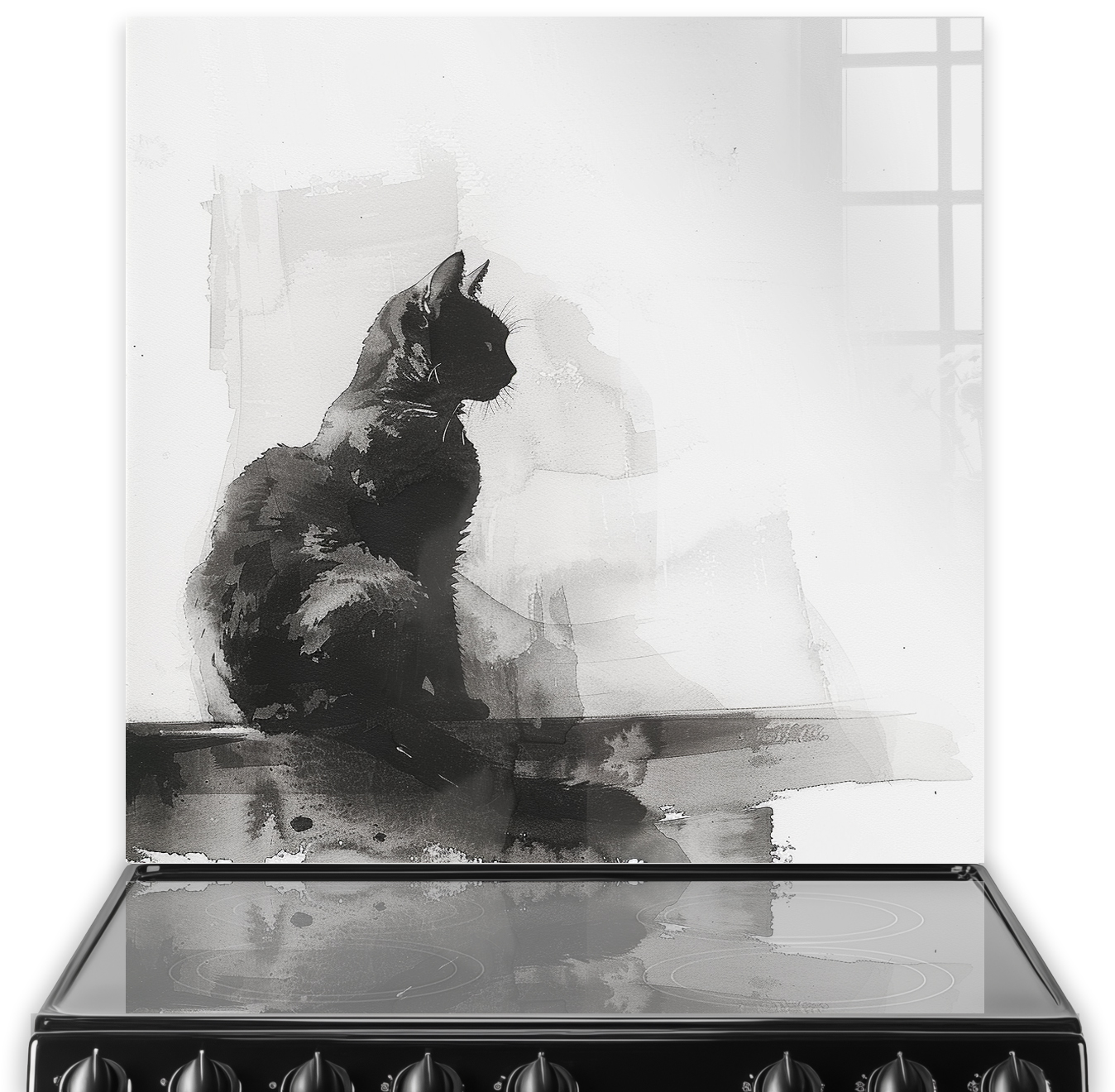 Abstract Watercolour Cat Silhouette Splashback Art in Monochrome