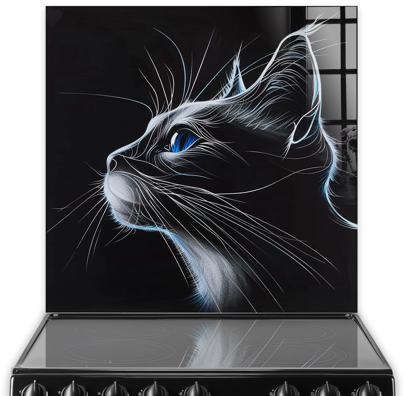 Striking cat illustration with electric blue highlights on a black splashback