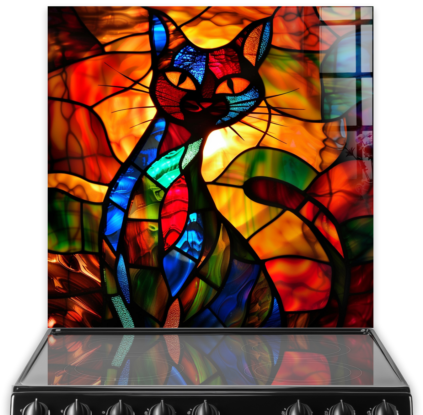 Colourful stained glass art style cat splashback in a kitchen setting