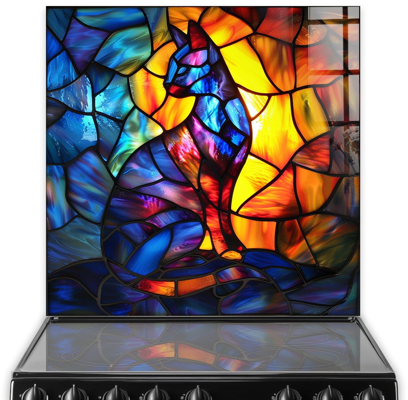 Stained Glass Style Cat Kitchen Splashback featuring Rich Colours