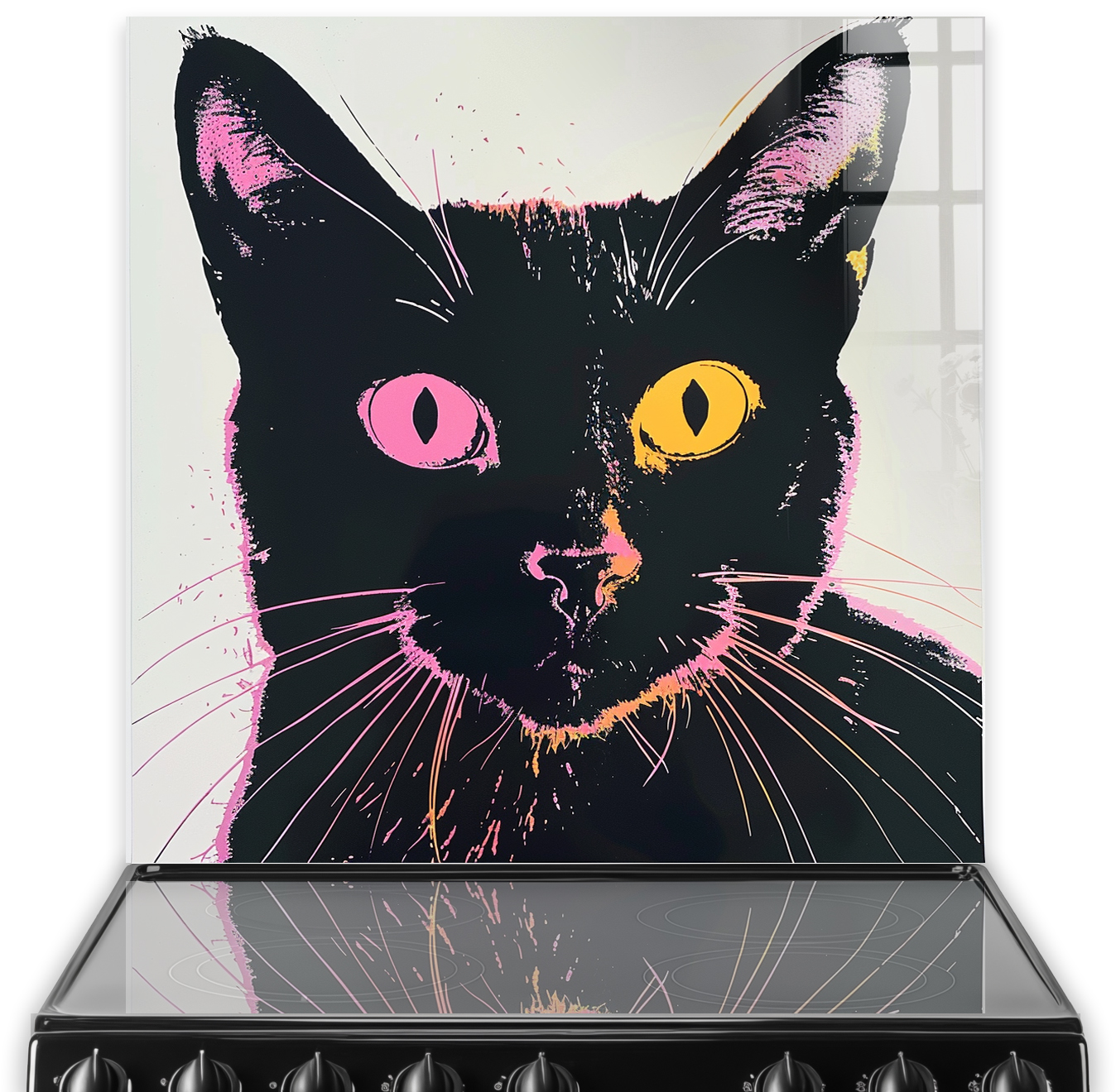 Striking pop art style cat splashback with vibrant pink and yellow accents against a black background