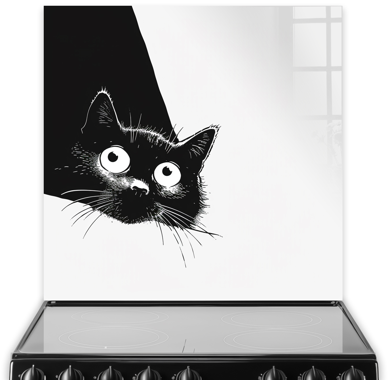 Black and white curious cat design on kitchen splashback