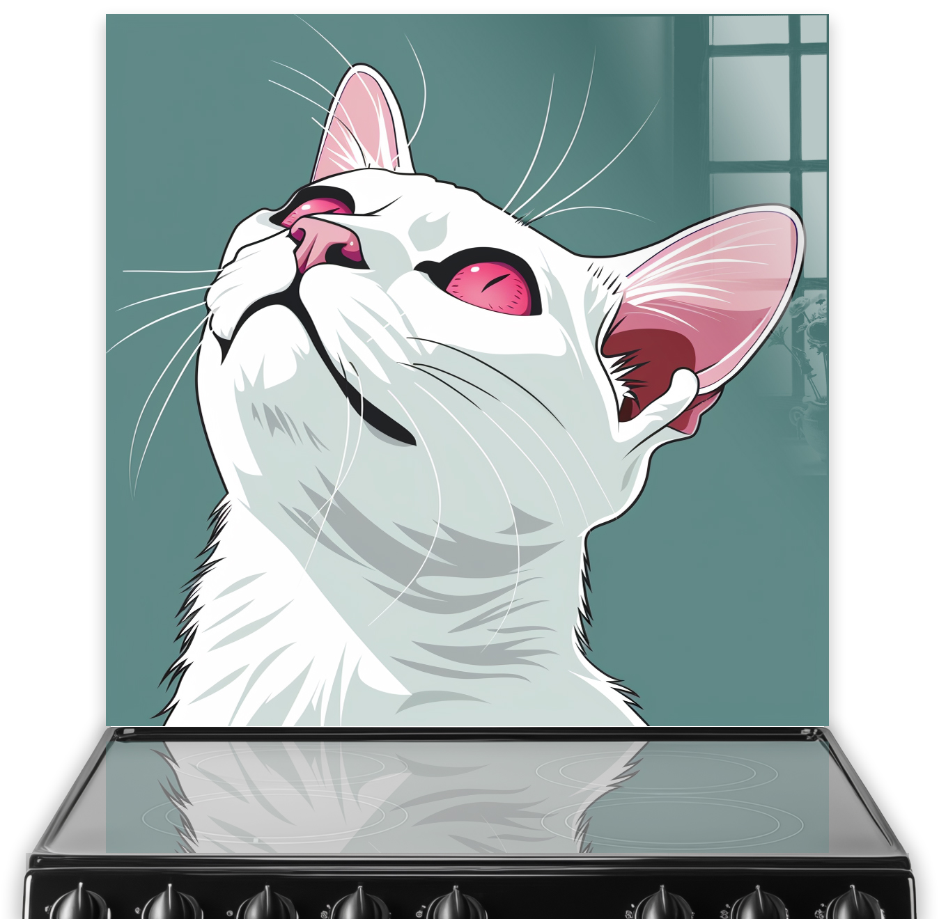 Animated white and grey cat with pink accents on a cat design printed kitchen splashback