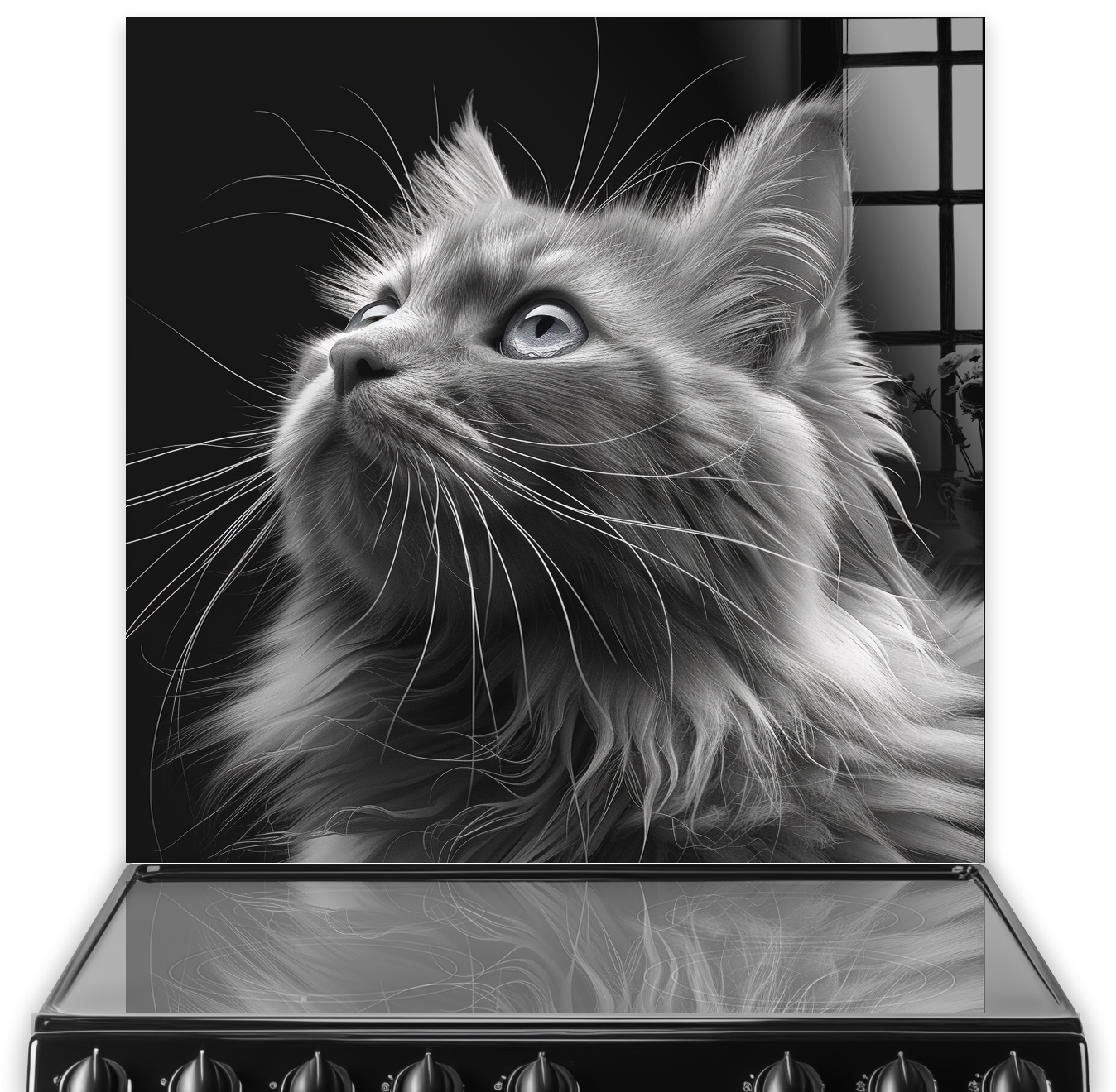 Black and white long-haired cat art on kitchen splashback