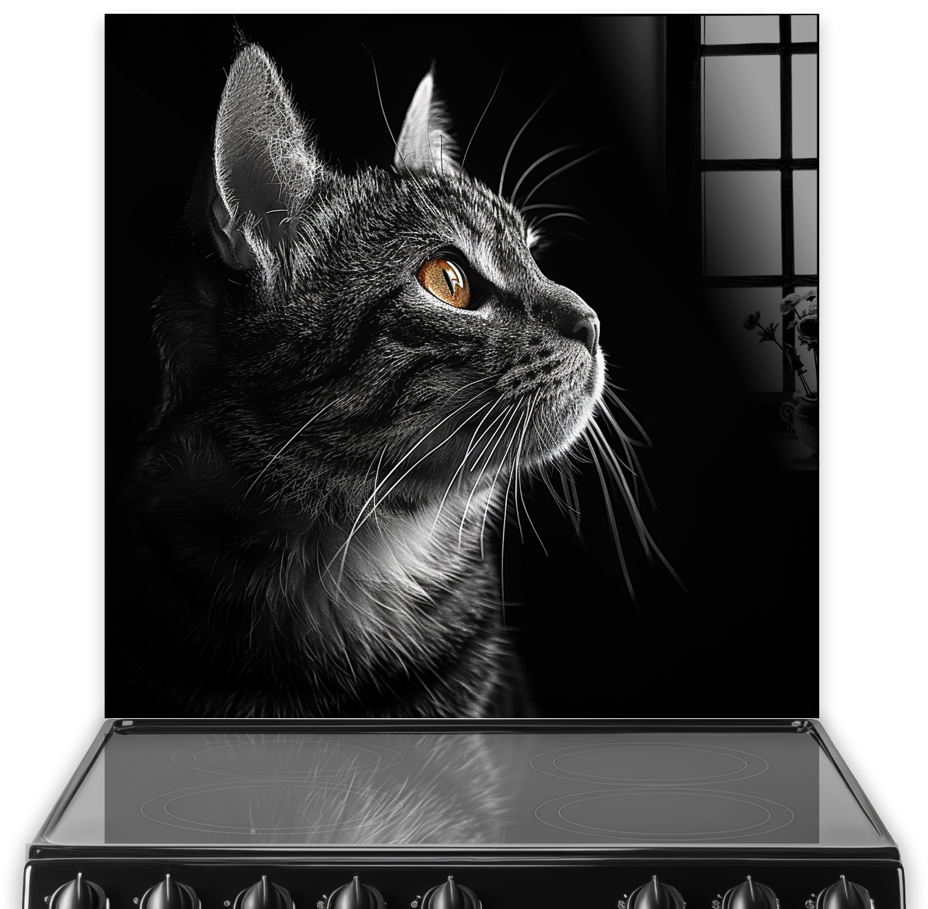 Monochrome art print of a cat profile with orange eye on kitchen splashback