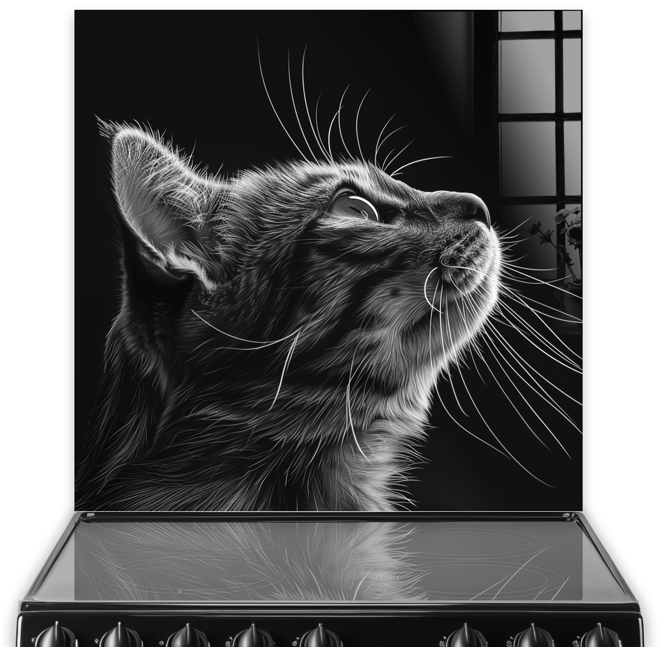 Monochromatic cat portrait printed on kitchen splashback
