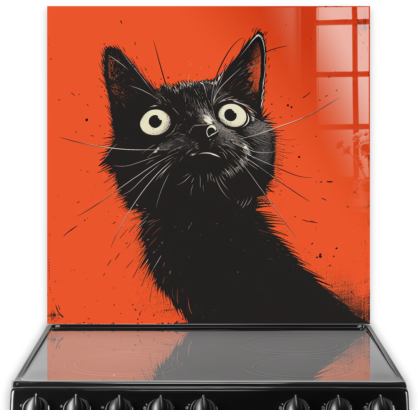 Illustrative black cat with wide eyes against a vibrant orange background, as part of a kitchen splashback design.