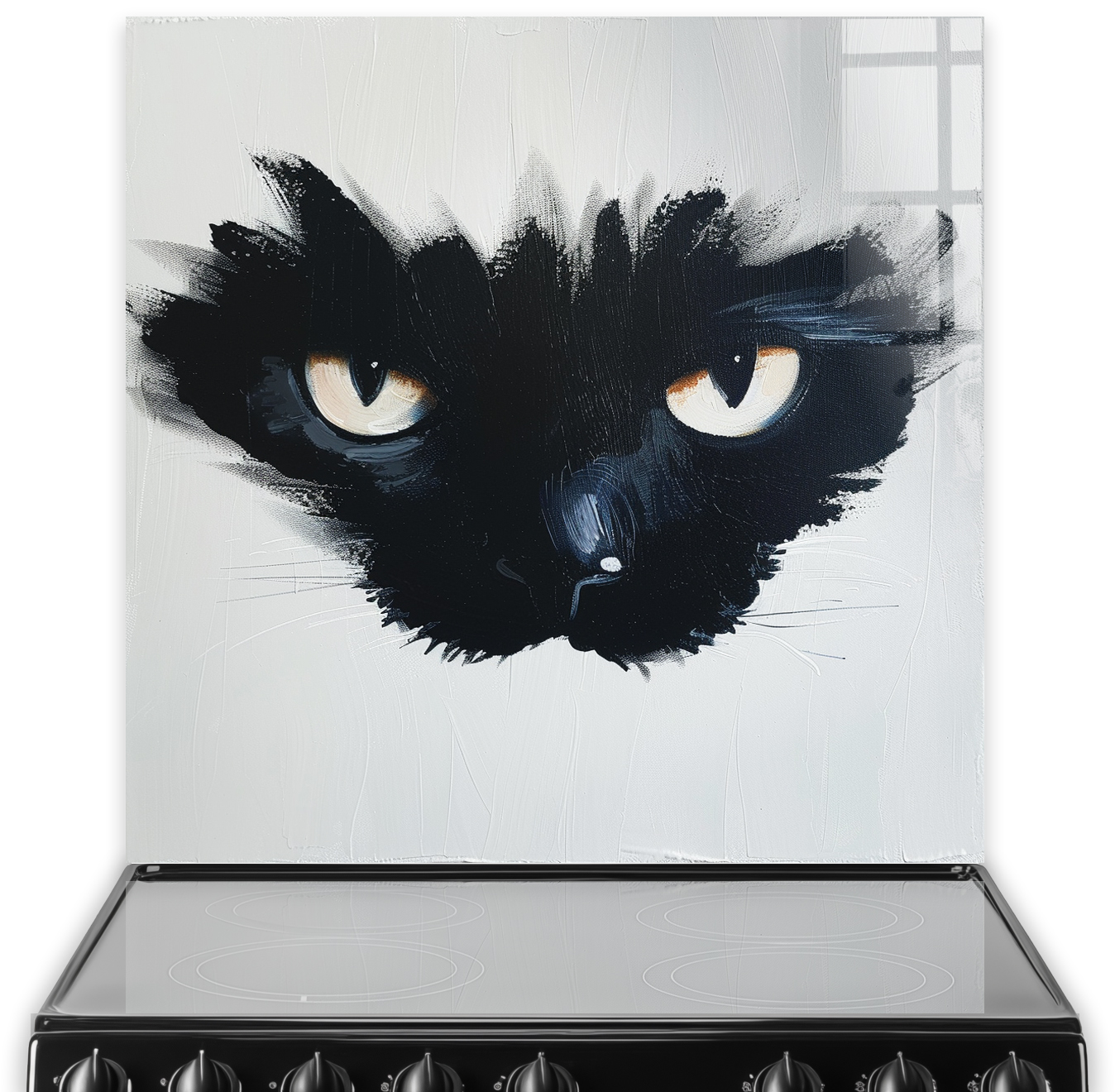 Black and white cat portrait on splashback with striking amber eyes and abstract brush strokes