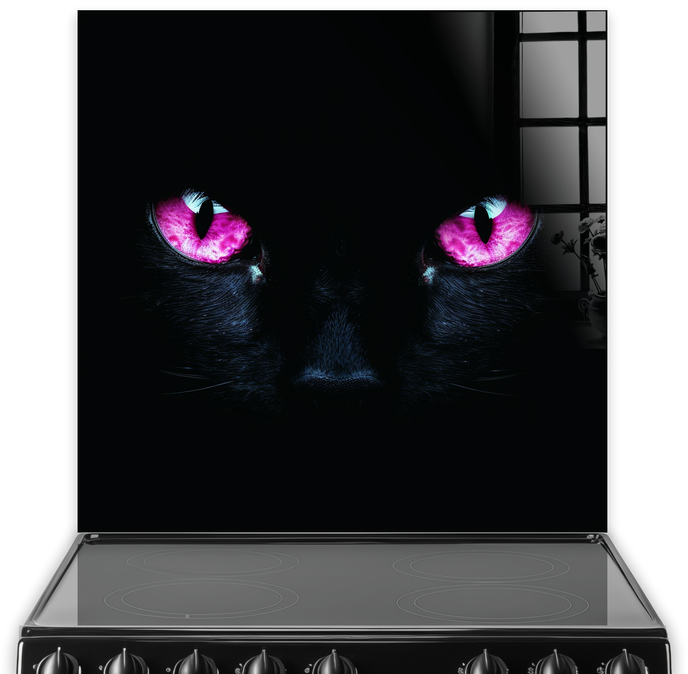 Close-up of a black cats face with vibrant pink eyes on a kitchen splashback.