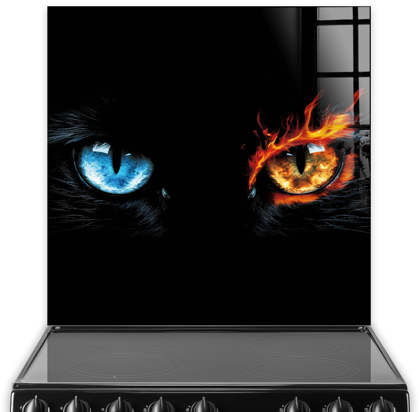 Close-up of a cat splashback with one eye in blue and the other in orange, symbolising ice and fire, installed over a stove