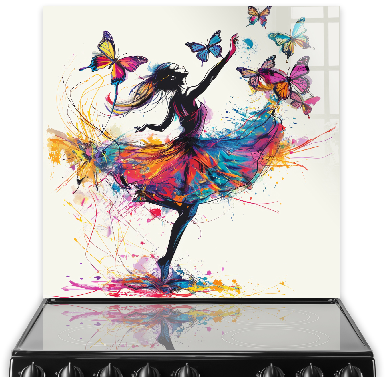 Artistic kitchen splashback featuring a silhouette of a dancer surrounded by colourful butterflies and paint splatter