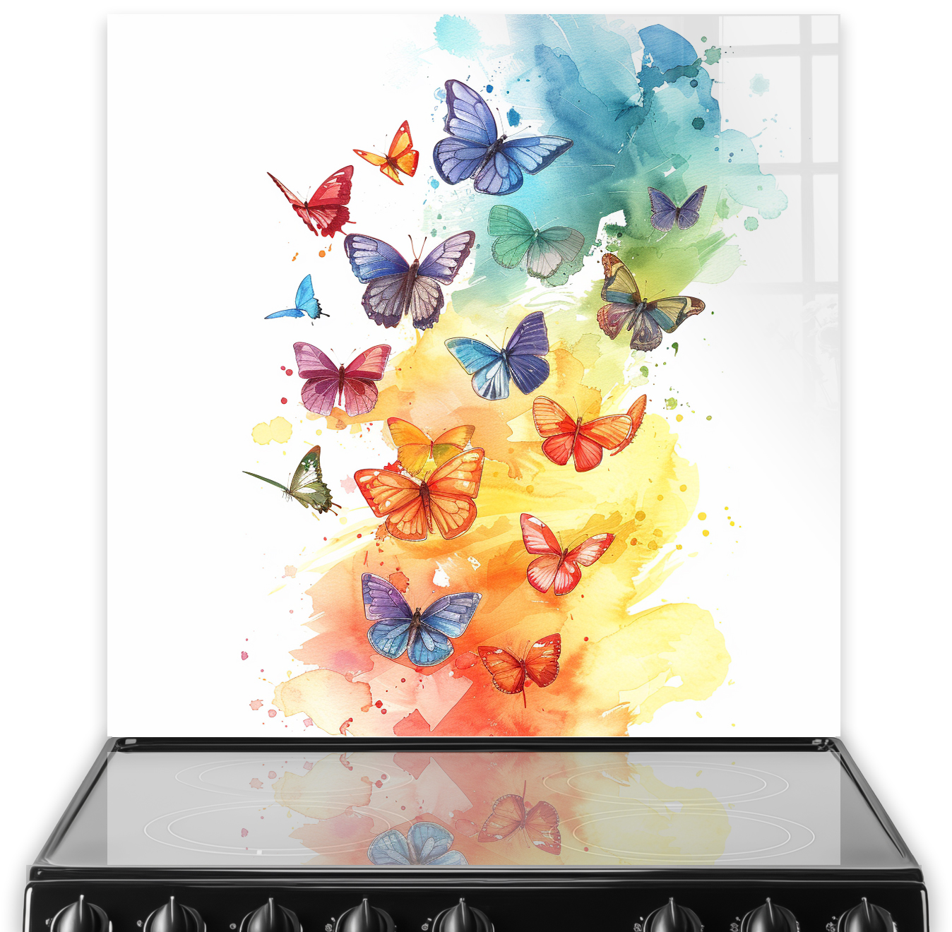 Colourful butterfly splashback art with watercolour effect above a cooking stove