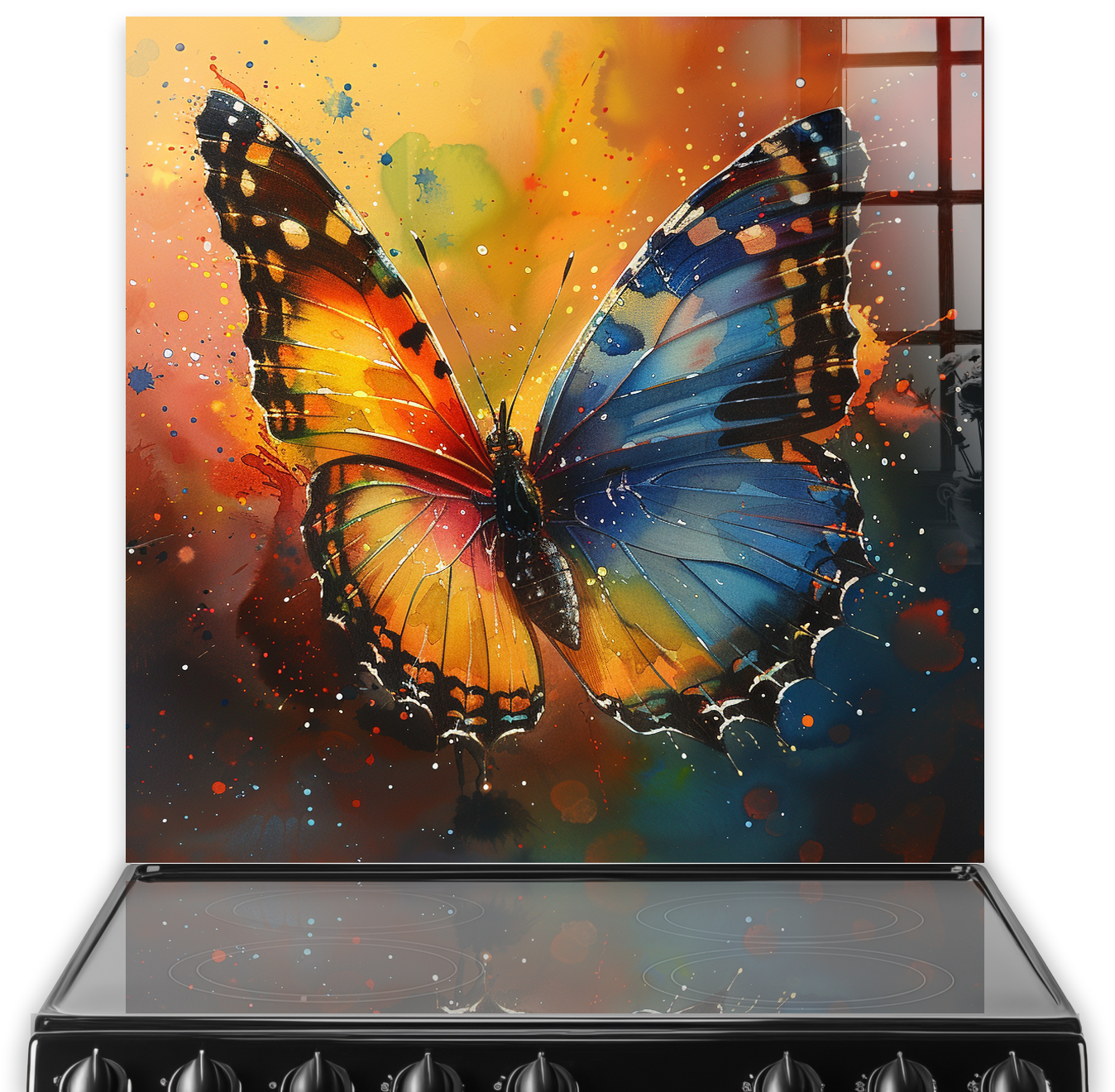 Vibrant butterfly splashback art in warm tones against a kitchen hob