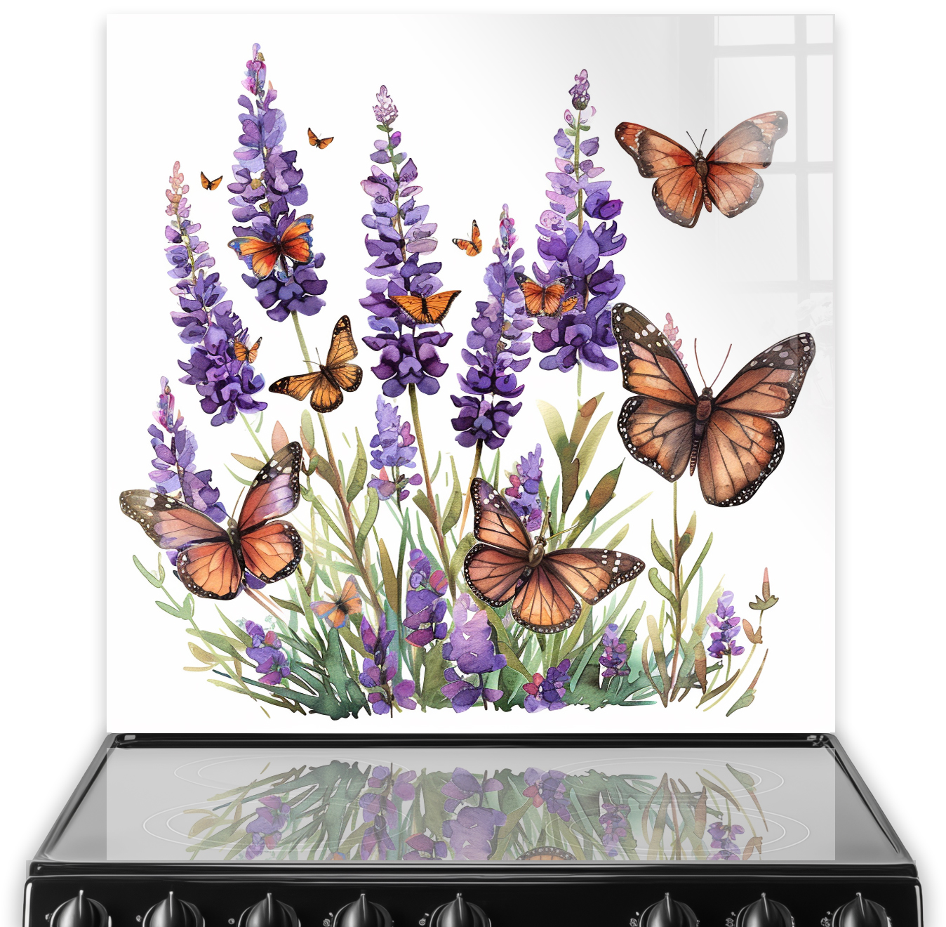 Lavender Butterfly Glass Splashback with Purple Blooms and Butterflies