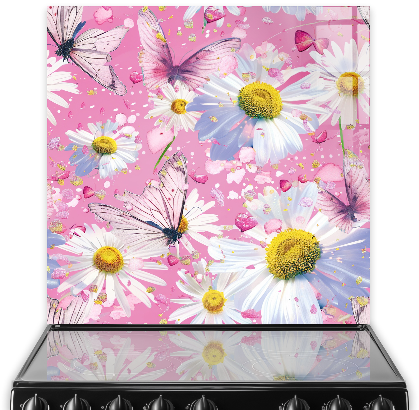 Vibrant butterfly and daisy design splashback in shades of pink, white, and soft blue