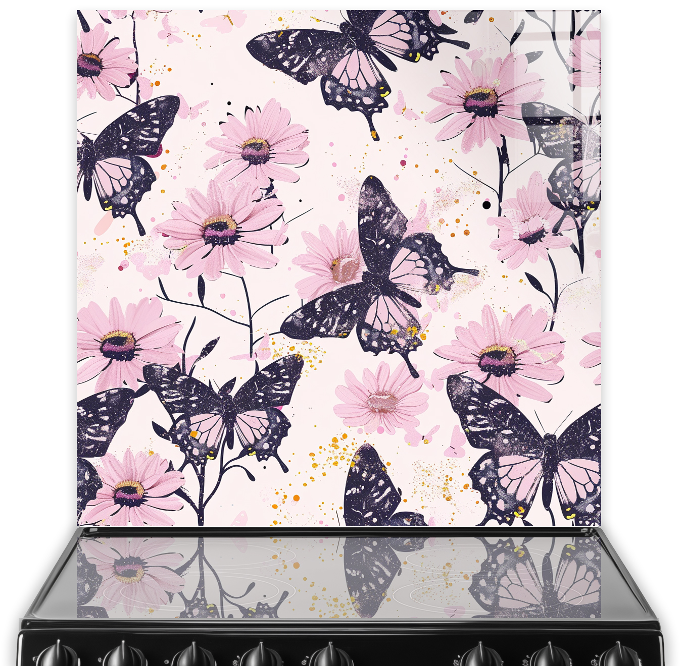 Decorative kitchen splashback with lavender butterfly pattern and pink flowers