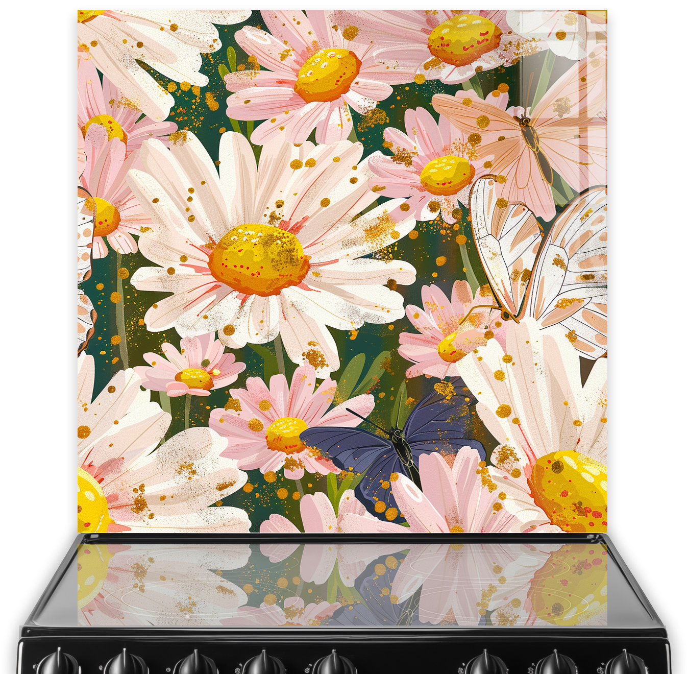 Elegant butterfly and floral kitchen splashback art with a lush green backdrop