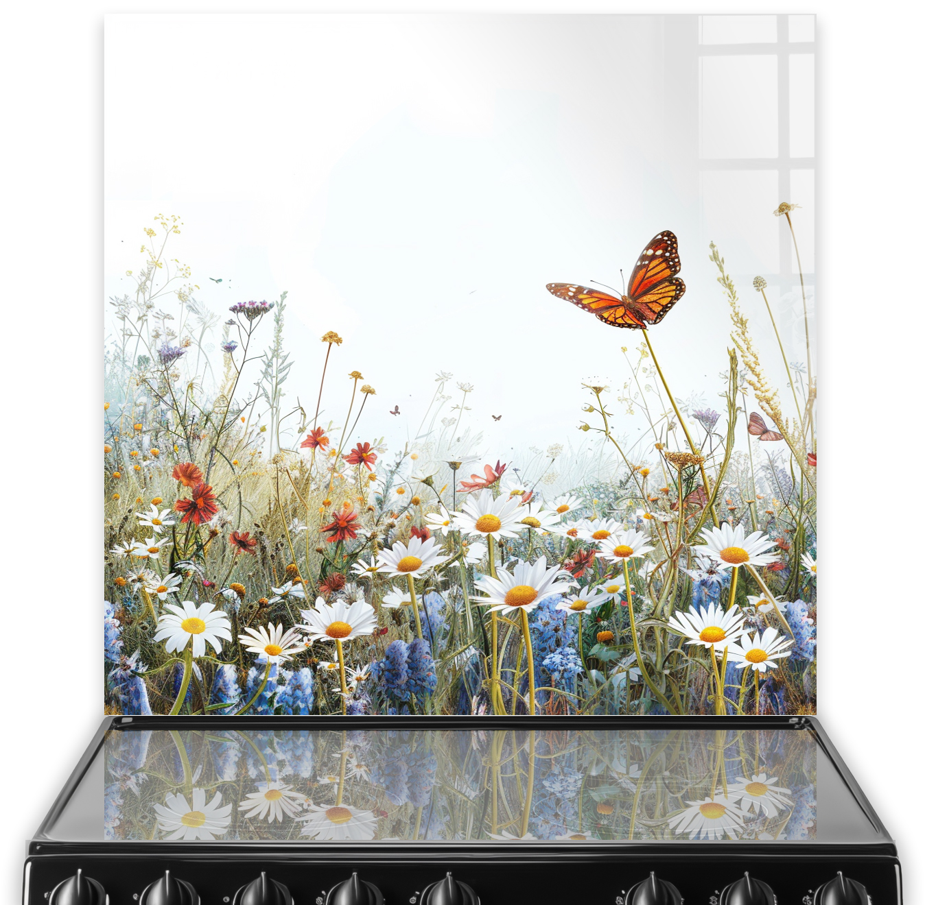 Vibrant butterfly and daisies and wildflower printed splashback in a modern kitchen setting