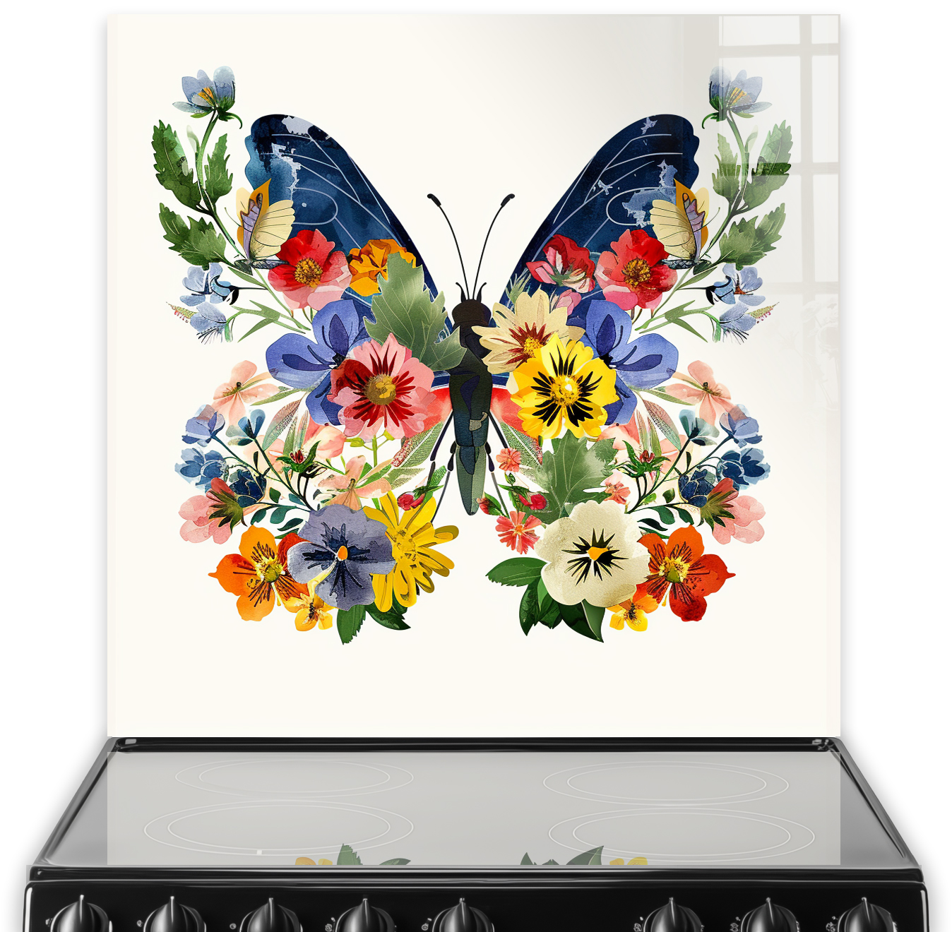 Artistic butterfly splashback with a butterfly made of various colourful flowers