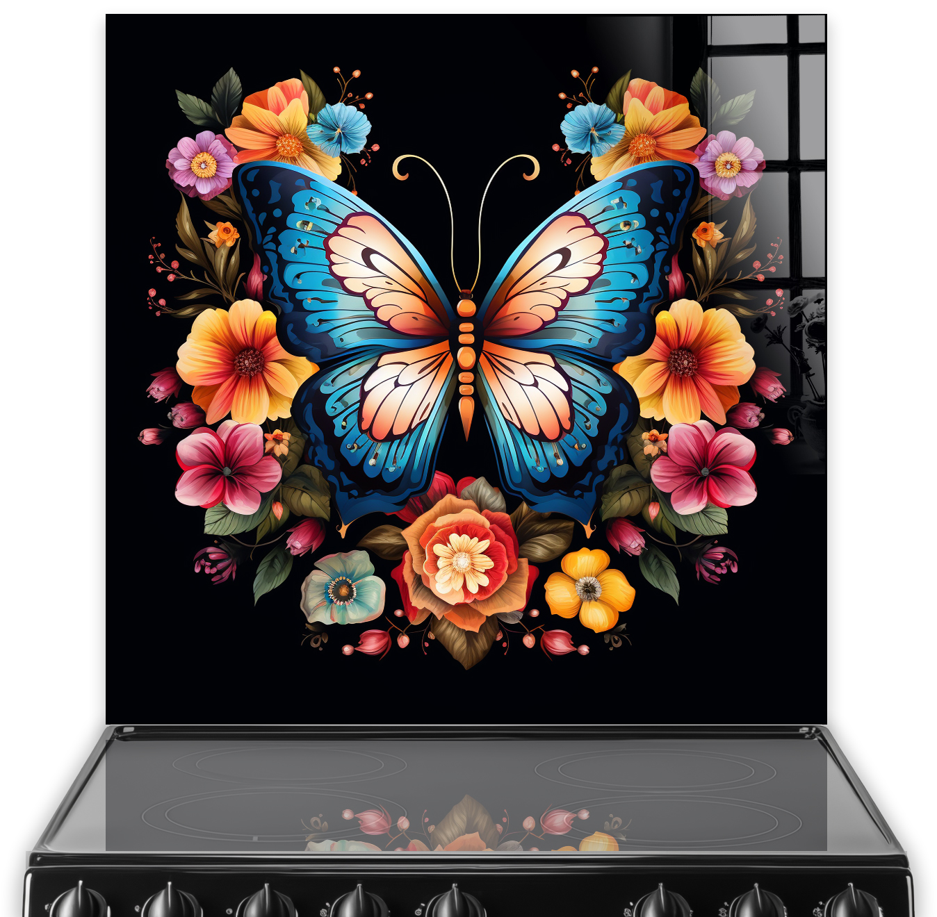 Colourful butterfly and floral kitchen splashback art on a black background