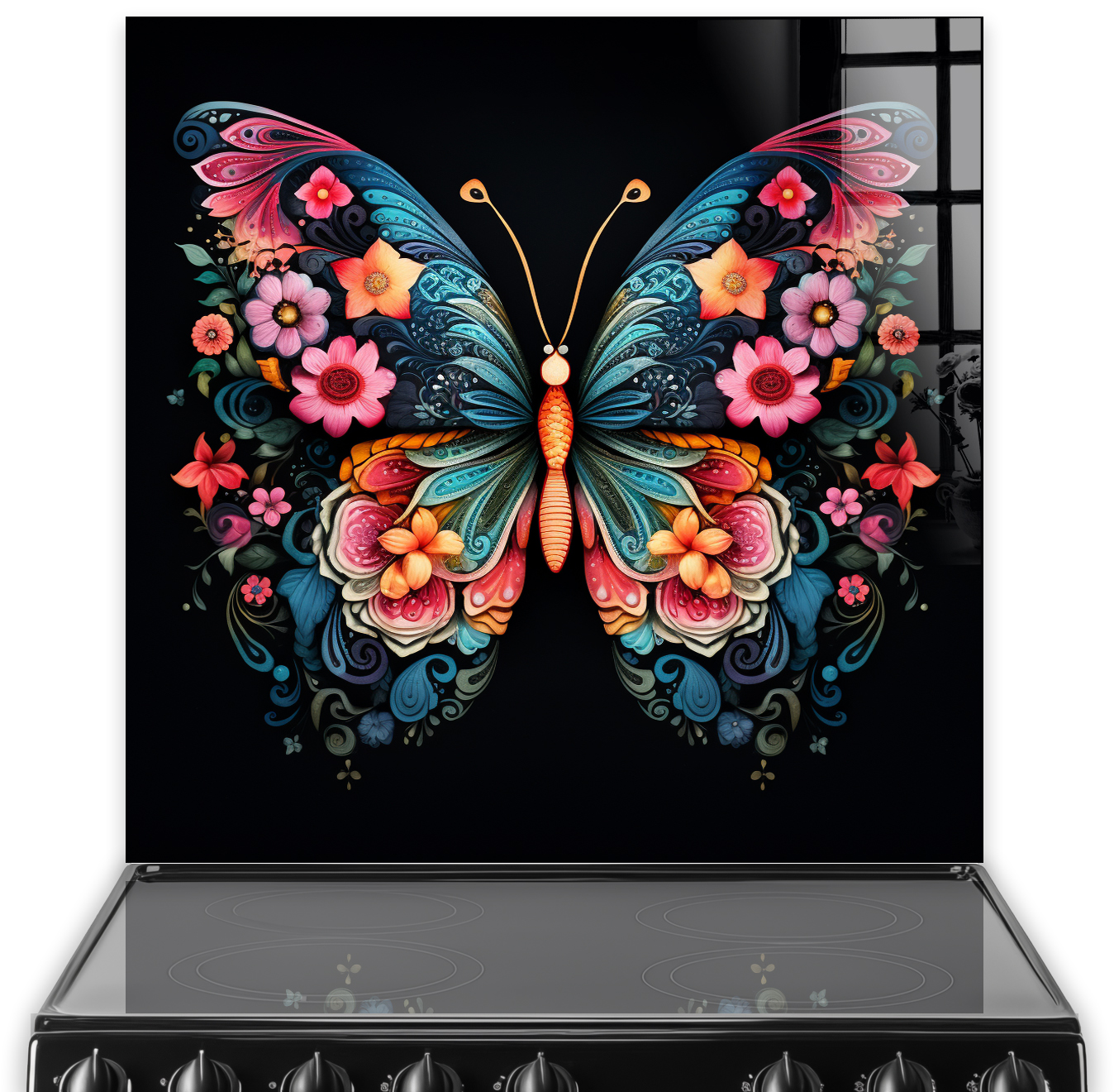 Vibrant butterfly splashback art with floral designs on a dark background