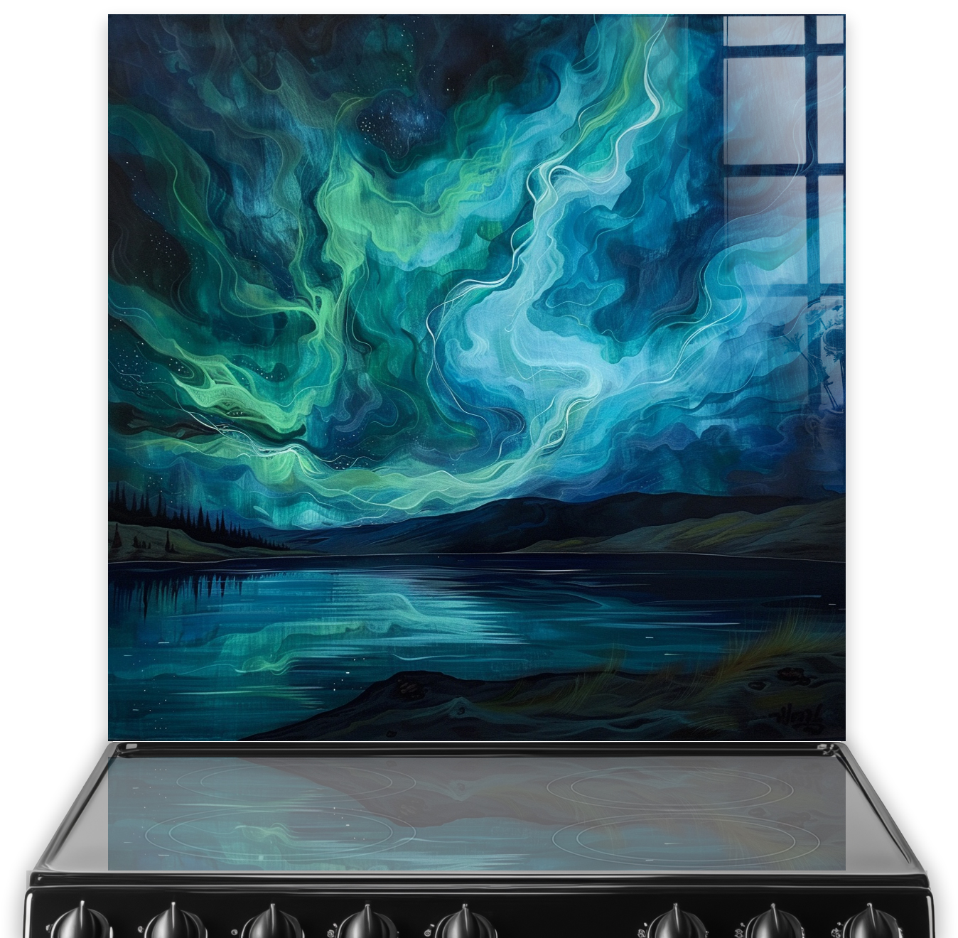 Swirling Aurora Northern Lights art splashback over a stove, showcasing vibrant greens and blues in a kitchen setting