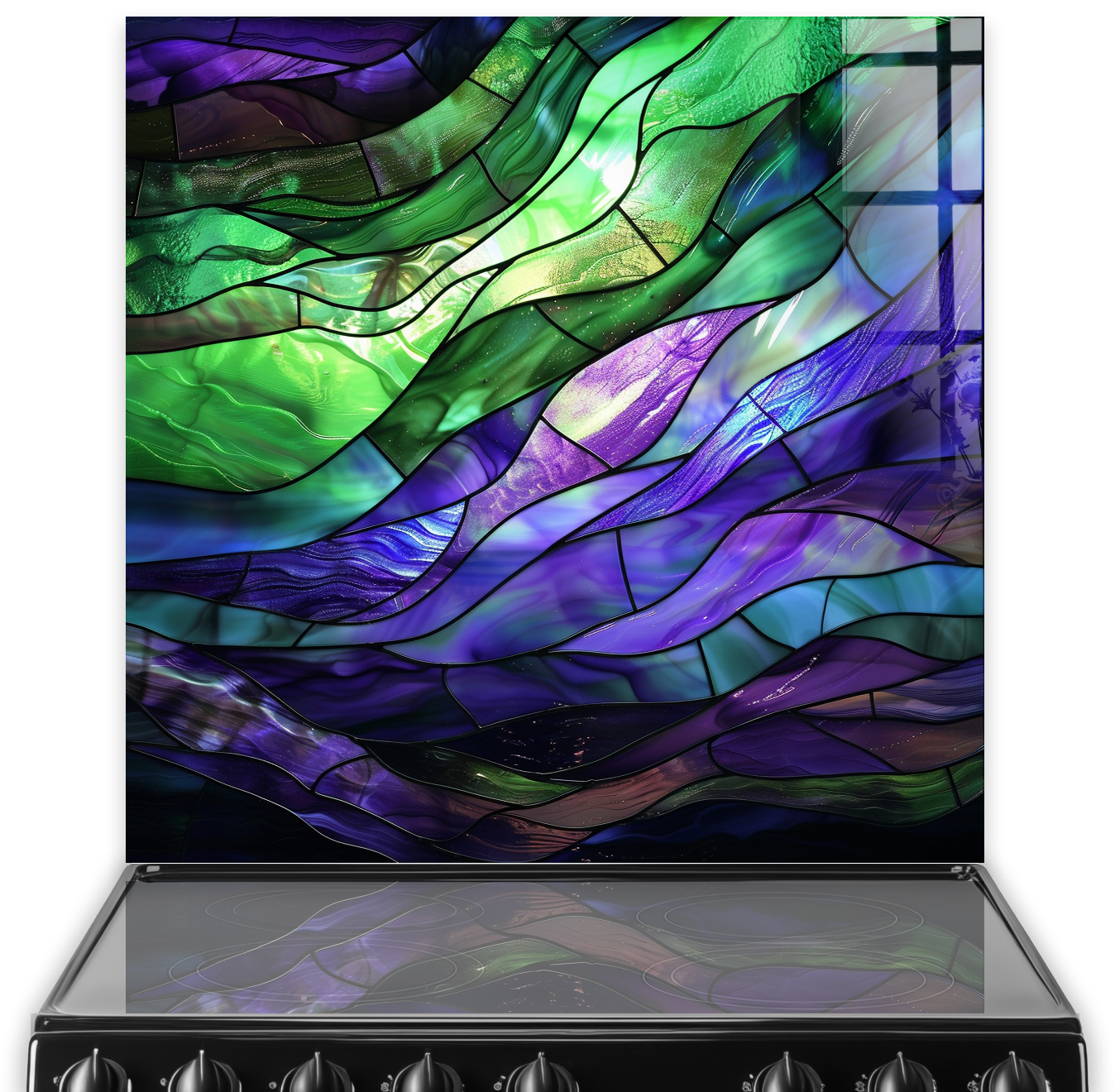 Stained Glass Northern Lights Art Splashback Above Cooker