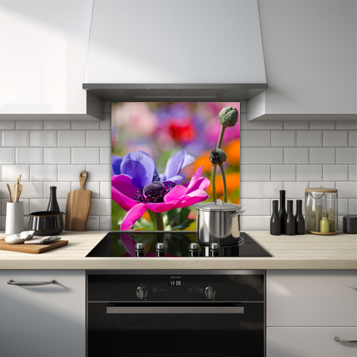 Close-up of purple and pink poppies.