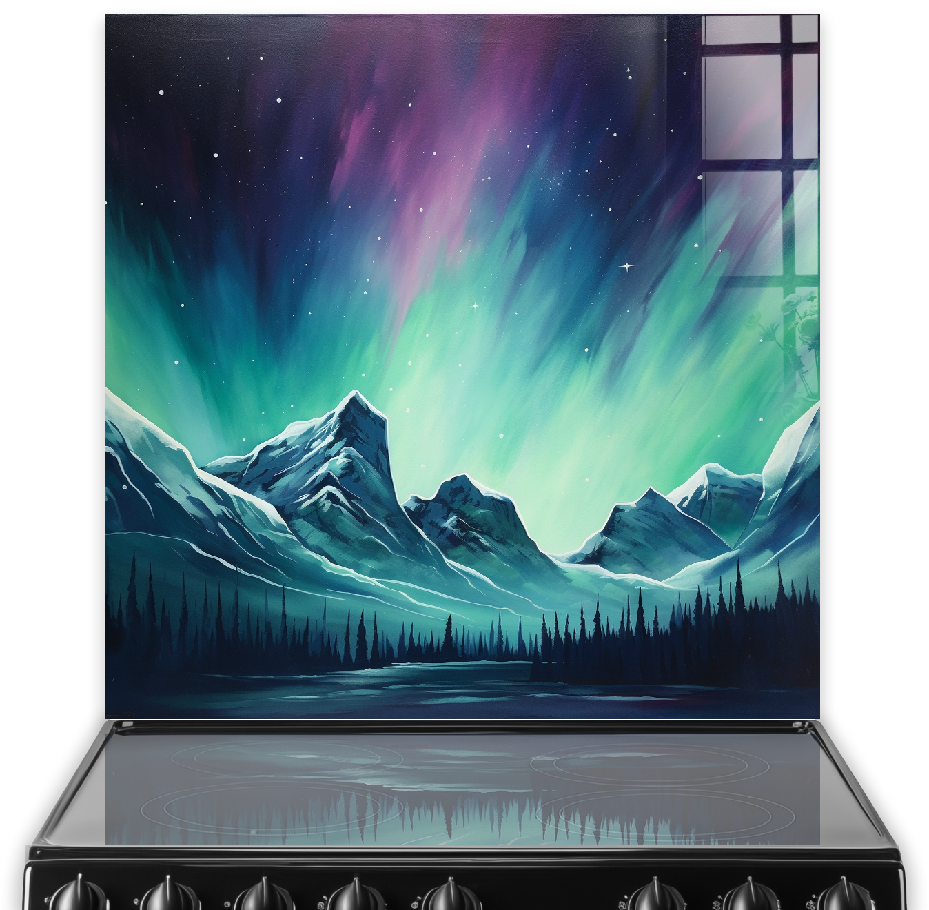 Minimalist Northern Lights aurora with mountains and forest kitchen splashback