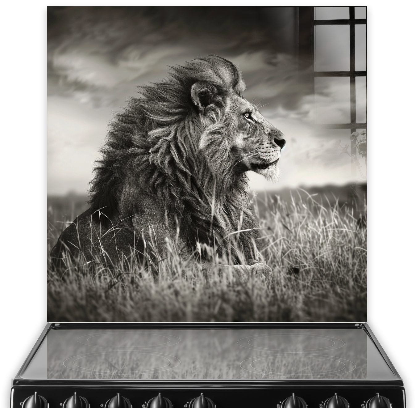Monochrome lion splashback art above a stove, depicting 