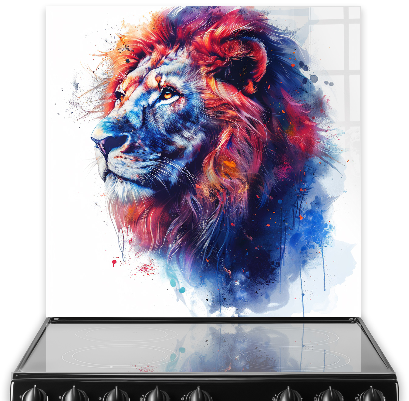 A beautifully crafted colourful lion splashback featuring a lion with a vibrant mane in blue, orange, and purple tones against a pristine white backgr