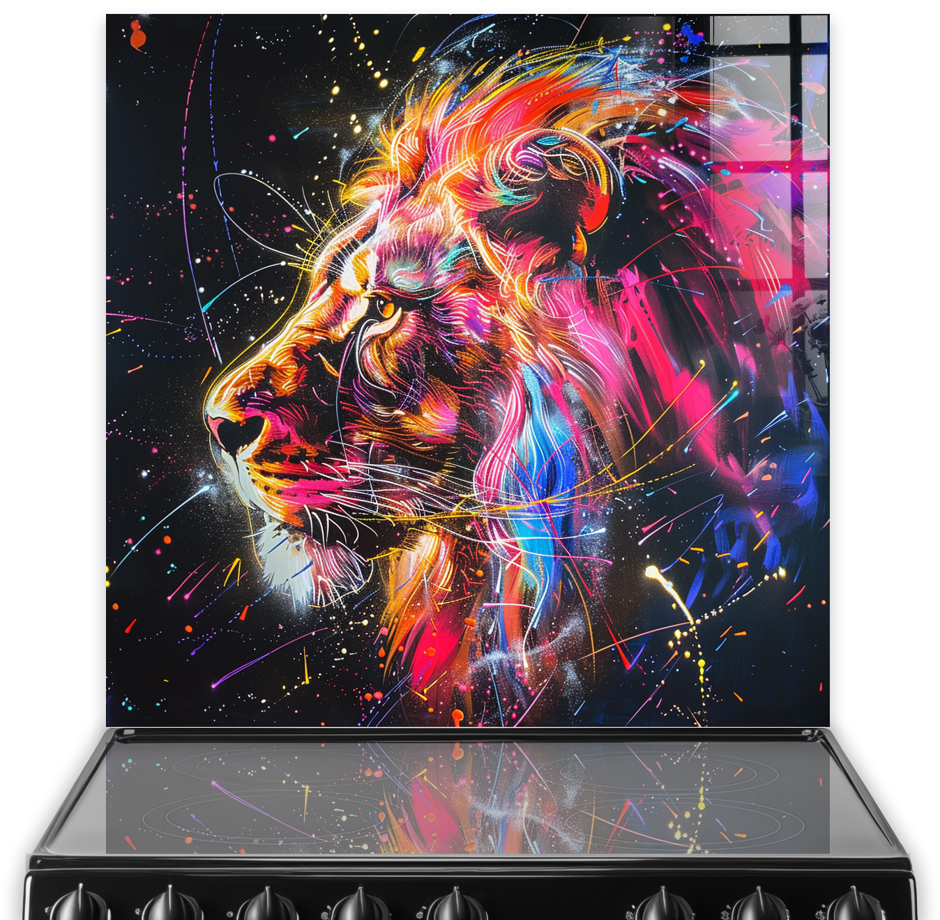 A dynamic and colourful lion splashback art named 