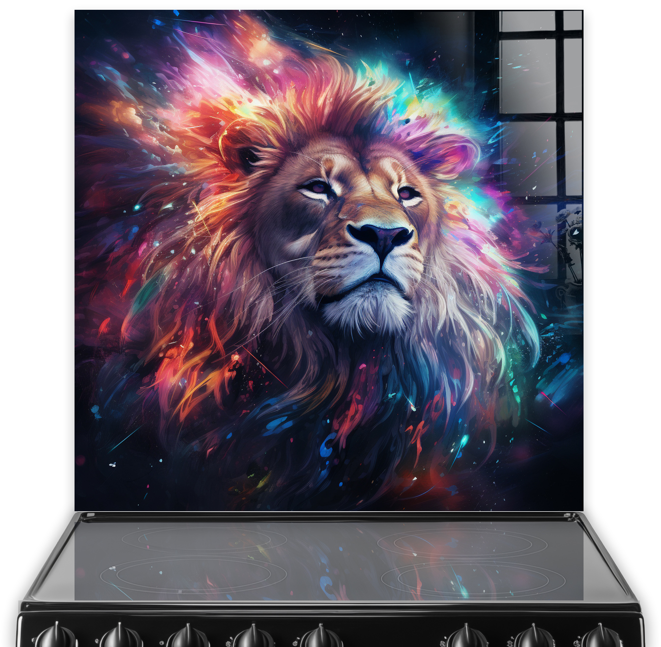 Colourful, radiant lion splashback artwork enhancing a modern kitchen