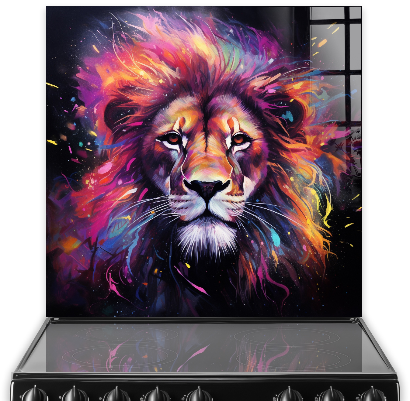 Multicoloured neon watercolour lion printed glass splashback for kitchen
