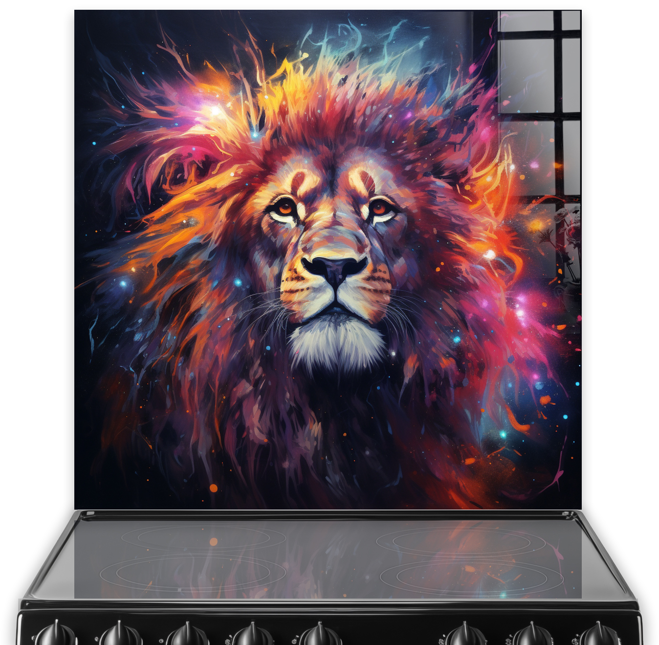 Cosmic Spectral Lion Kitchen Splashback with Vivid Colours