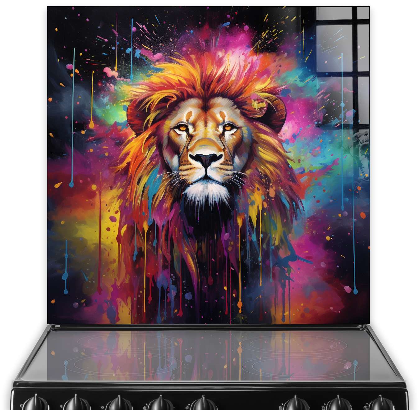 Cosmic lion splashback art featuring vibrant colours and space explosion theme