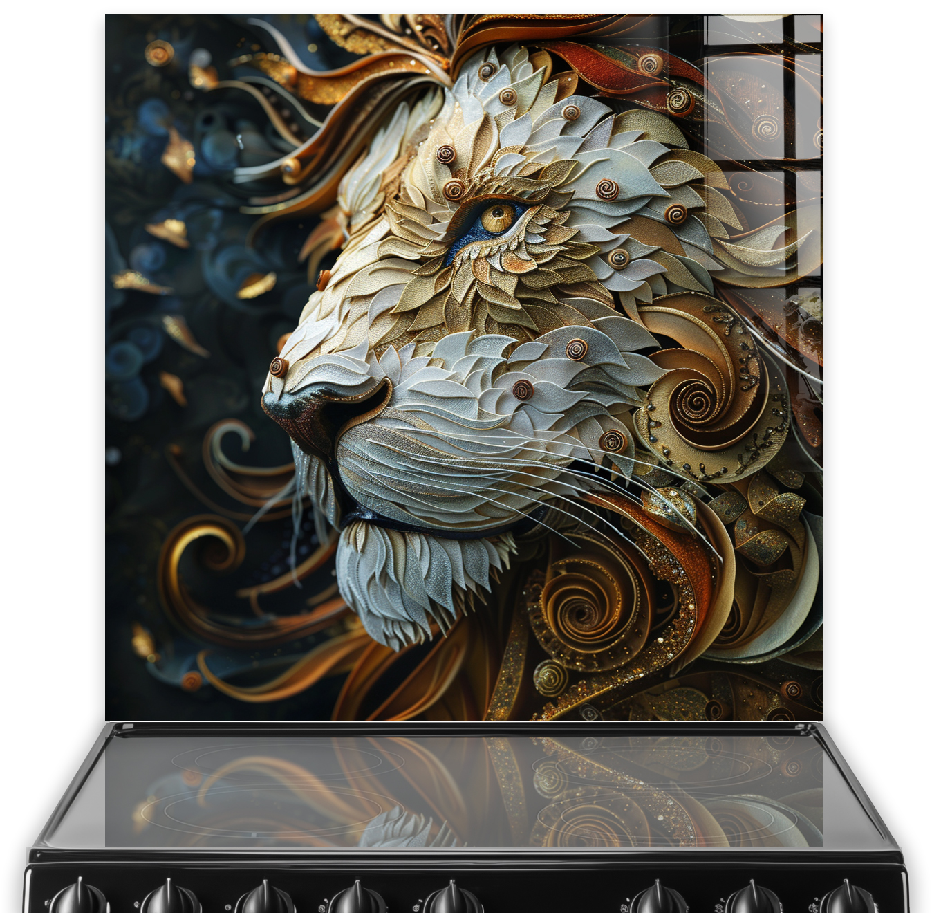 Intricate Lion design on kitchen splashback with detailed mane in ambers and blues