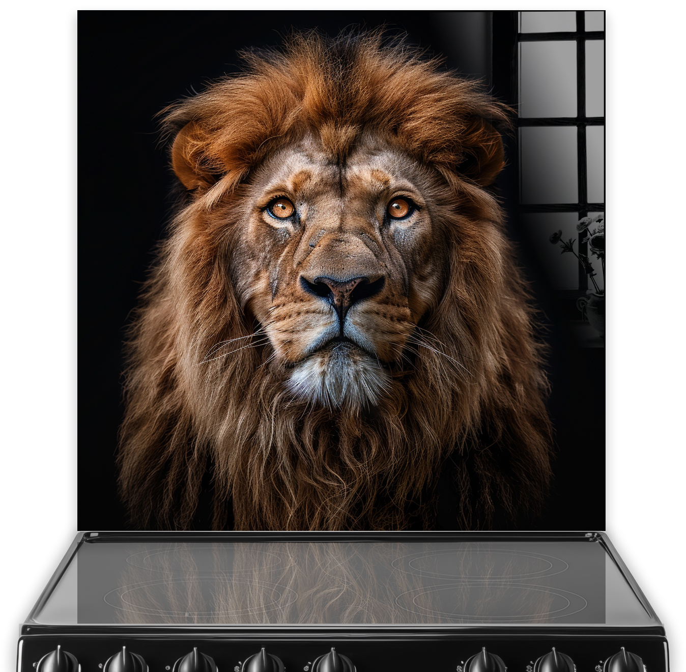 Majestic lion portrait splashback art above cooker, with intense gaze and rich mane colours