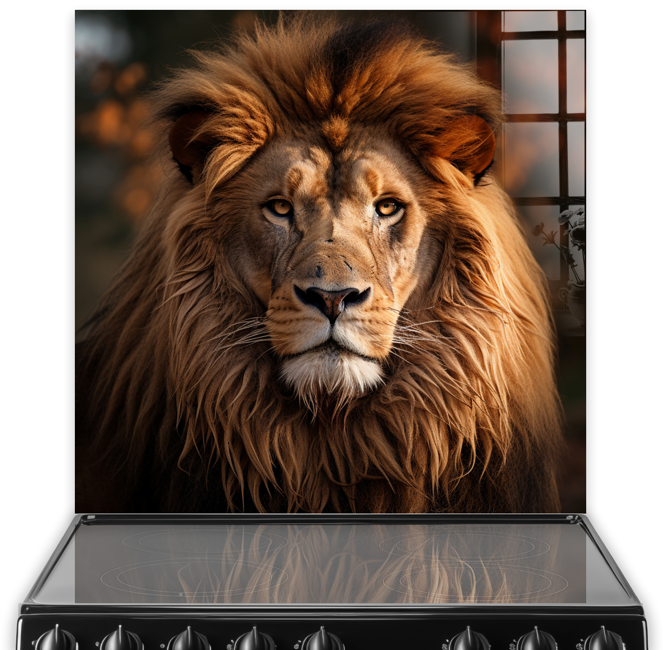 Majestic lion against a soft background on a printed kitchen splashback