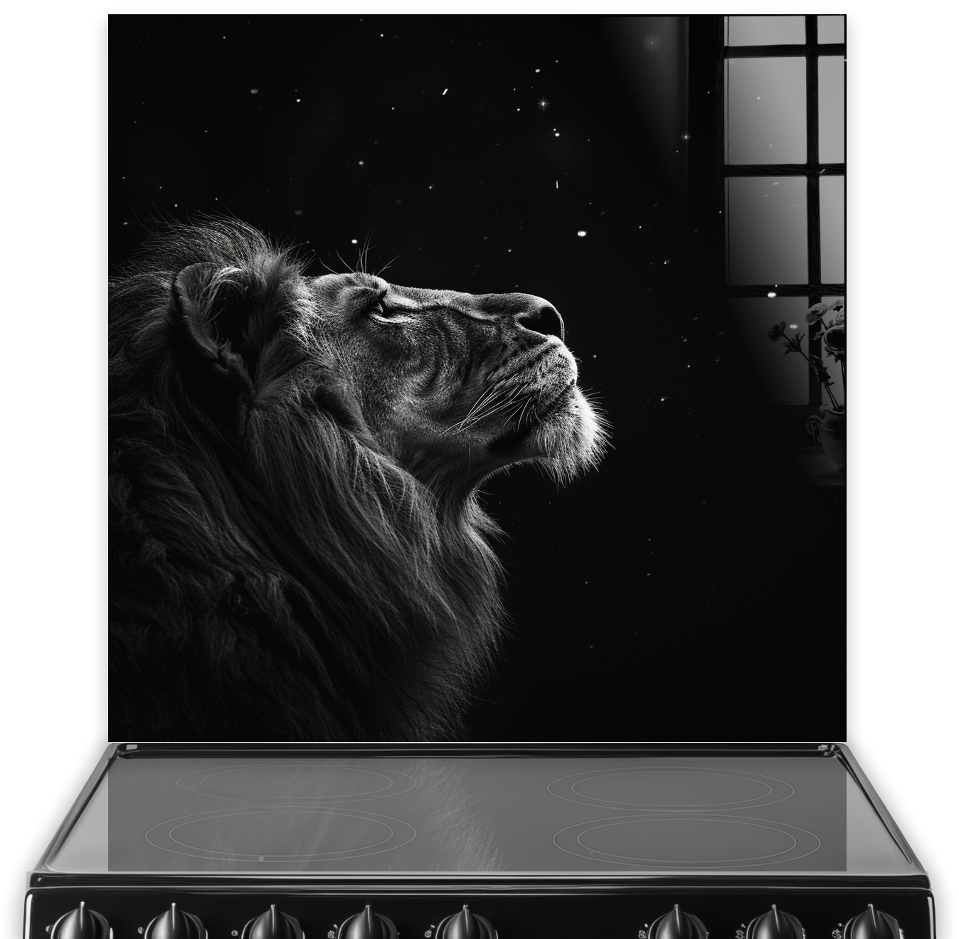 Black and white lion splashback art depicting the Stargazing Lion admiring the night sky