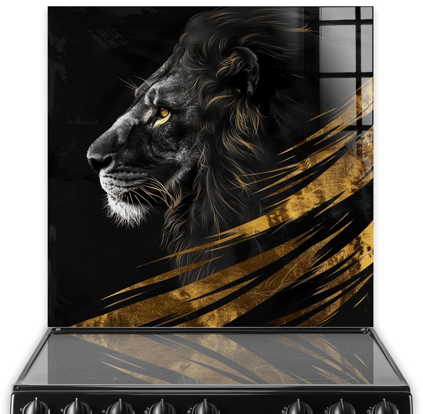 Black and gold lion splashback art over kitchen stove