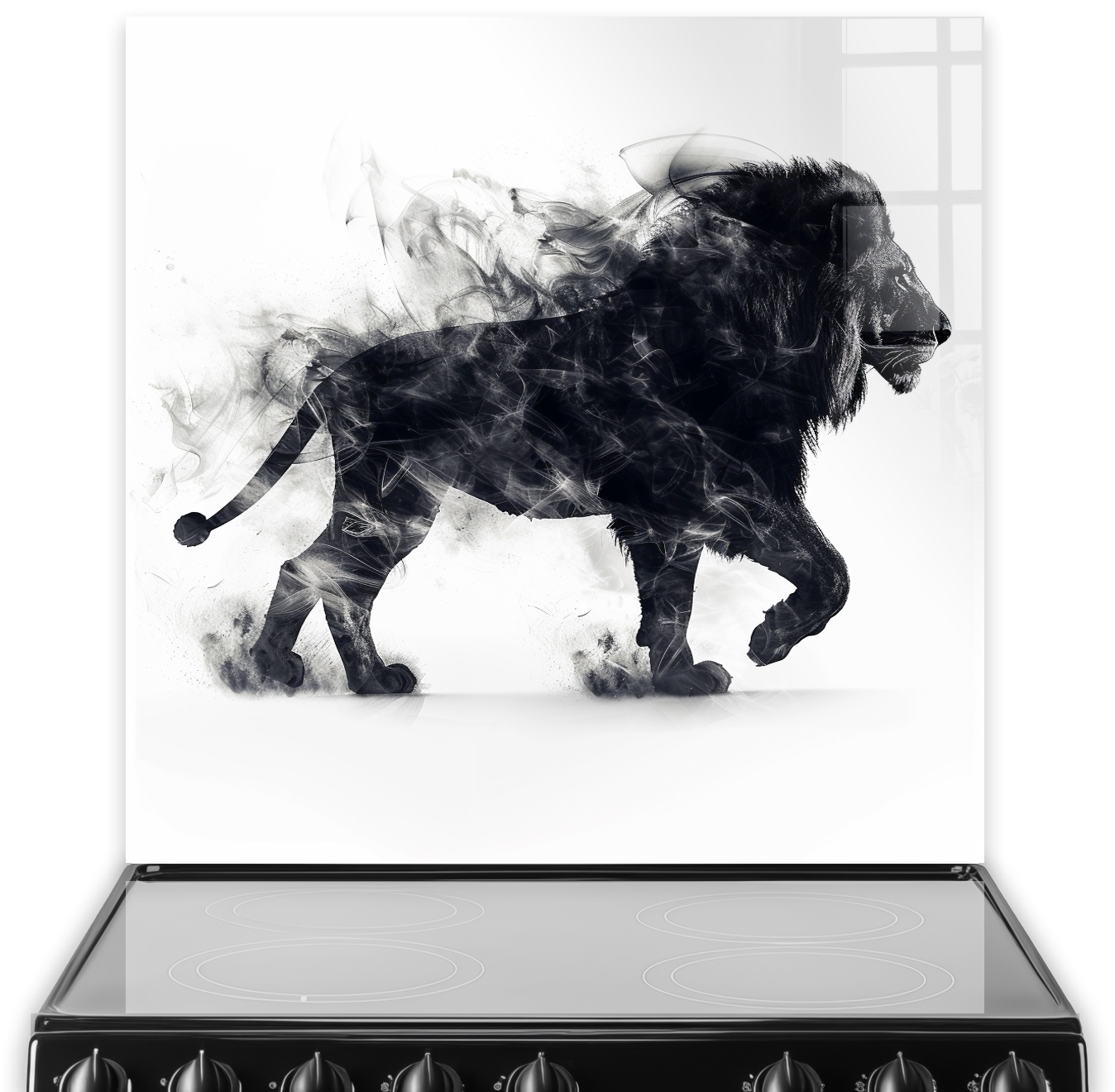 Striking black and white lion smoke trail design on a kitchen splashback