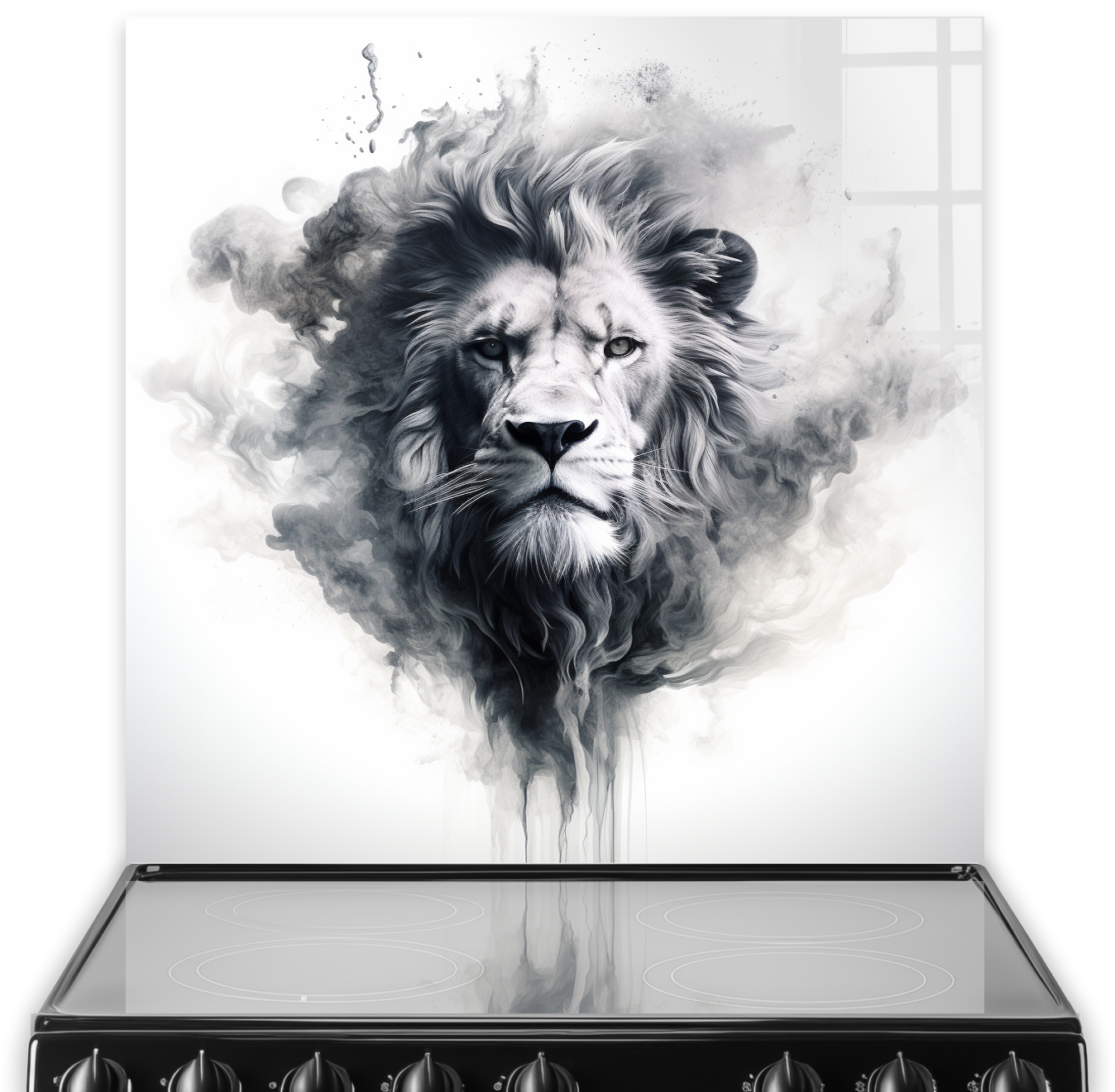Stunning monochrome greyscale lion printed splashback for modern kitchen