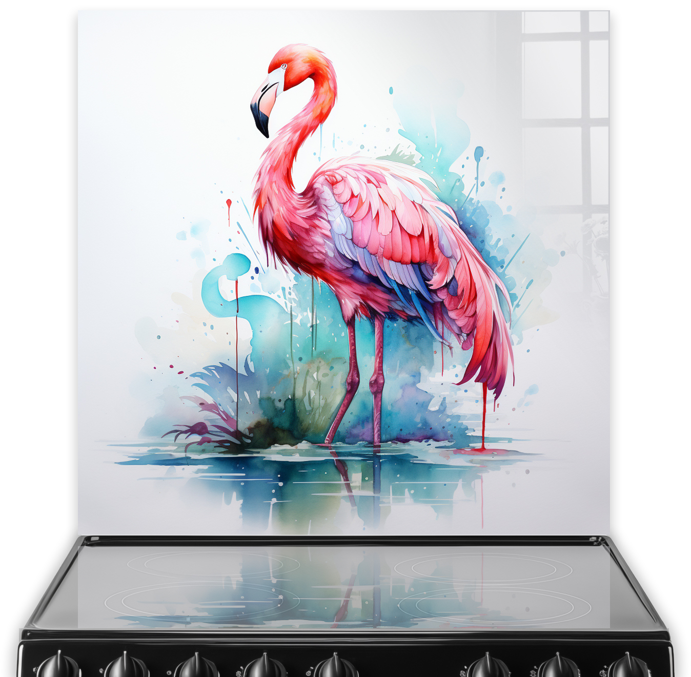 Colourful flamingo splashback artwork above a kitchen hob