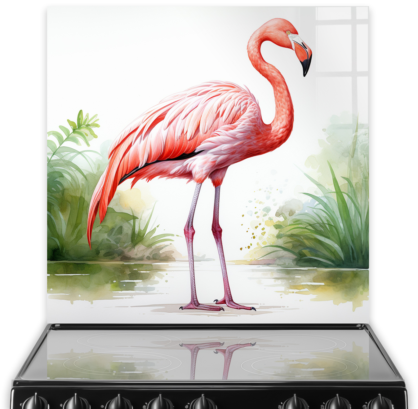 Vibrant watercolour flamingo against a tranquil backdrop on kitchen splashback