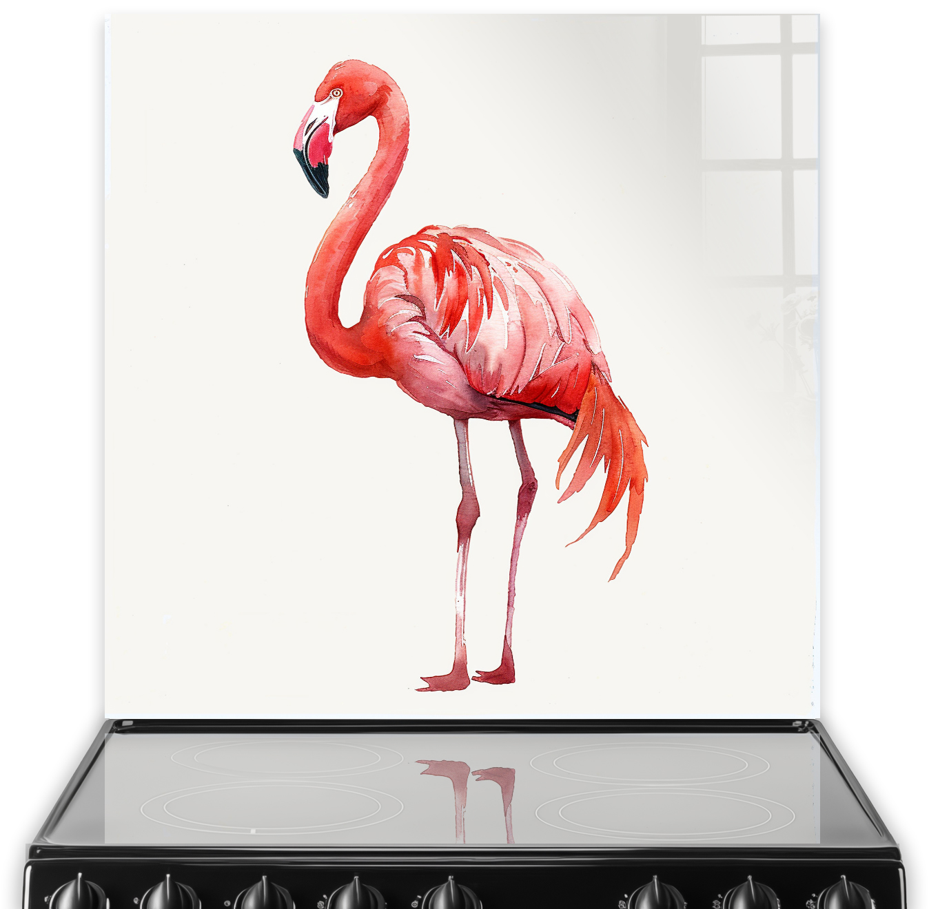 Elegant Single Flamingo painted on white splashback art above a kitchen stove