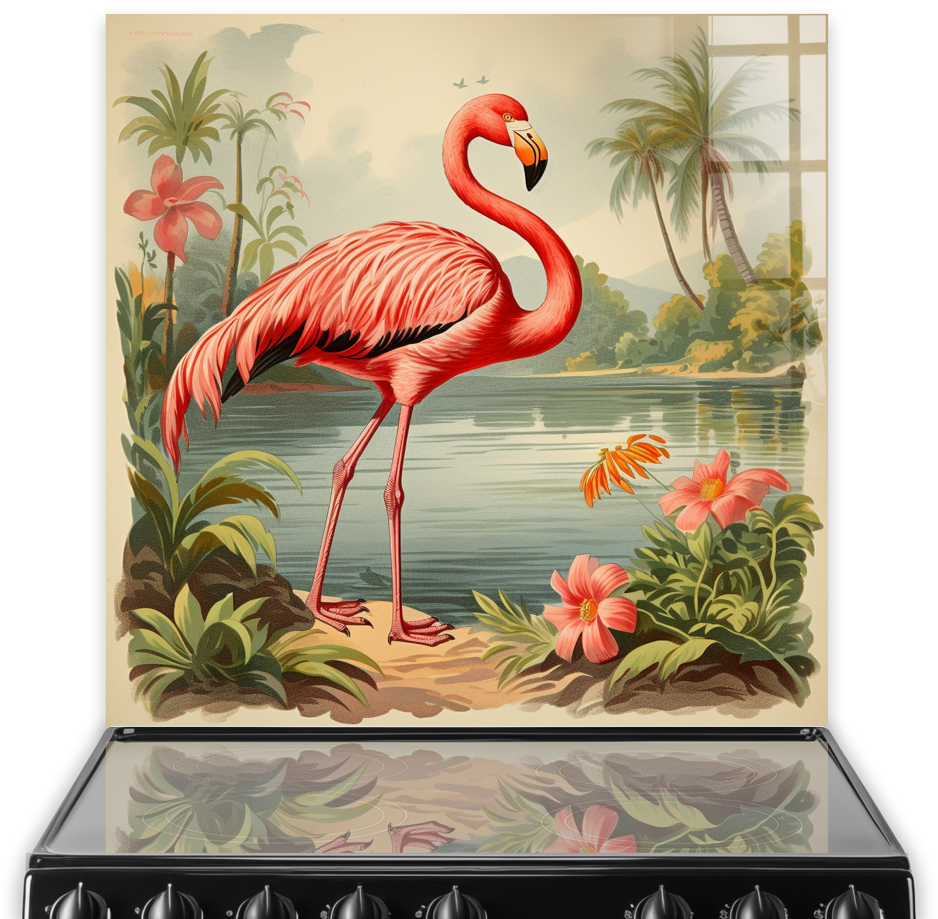 A vibrant and picturesque flamingo and tropical flora