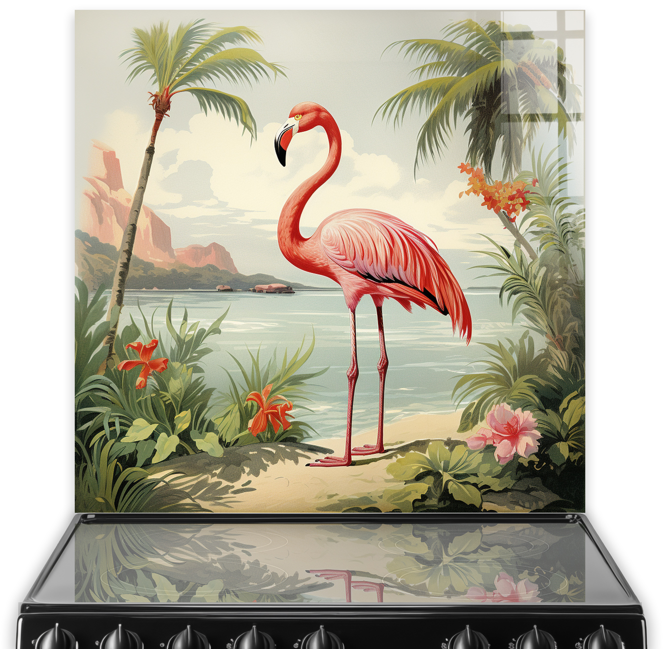 1920s Tropical Flamingo Illustrated Splashback with Pink Flamingo and Tropical Scenery