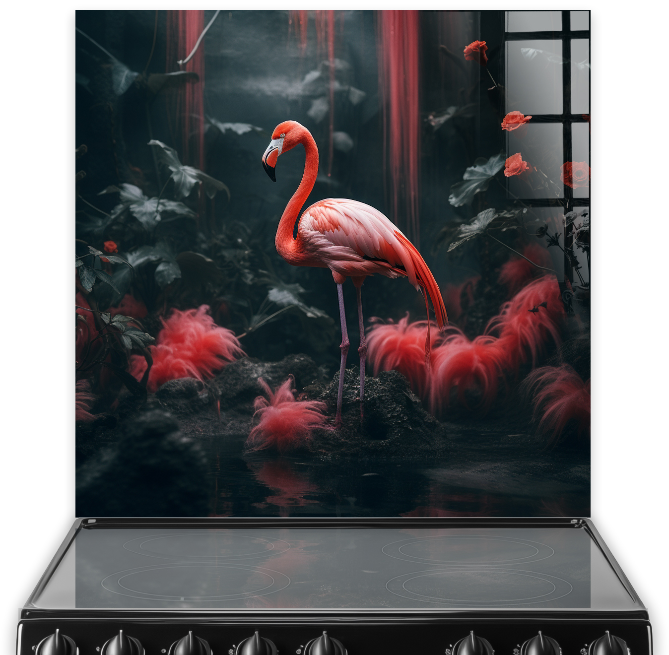 Enchanting flamingo among scarlet splashes on a printed splashback in a kitchen setting